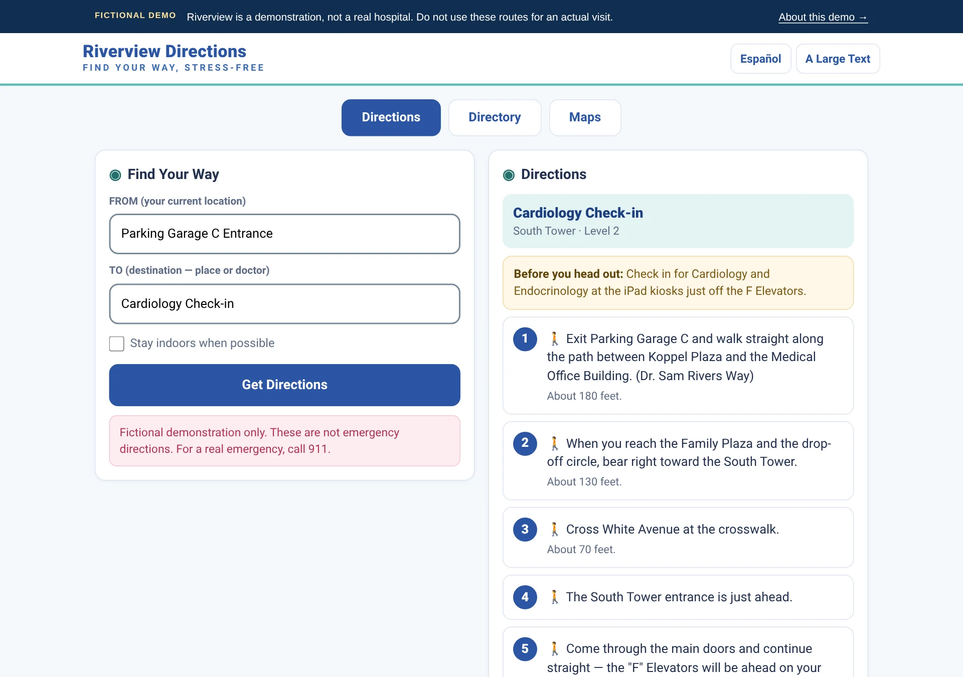 Actual Riverview interface with start and destination fields and a numbered route