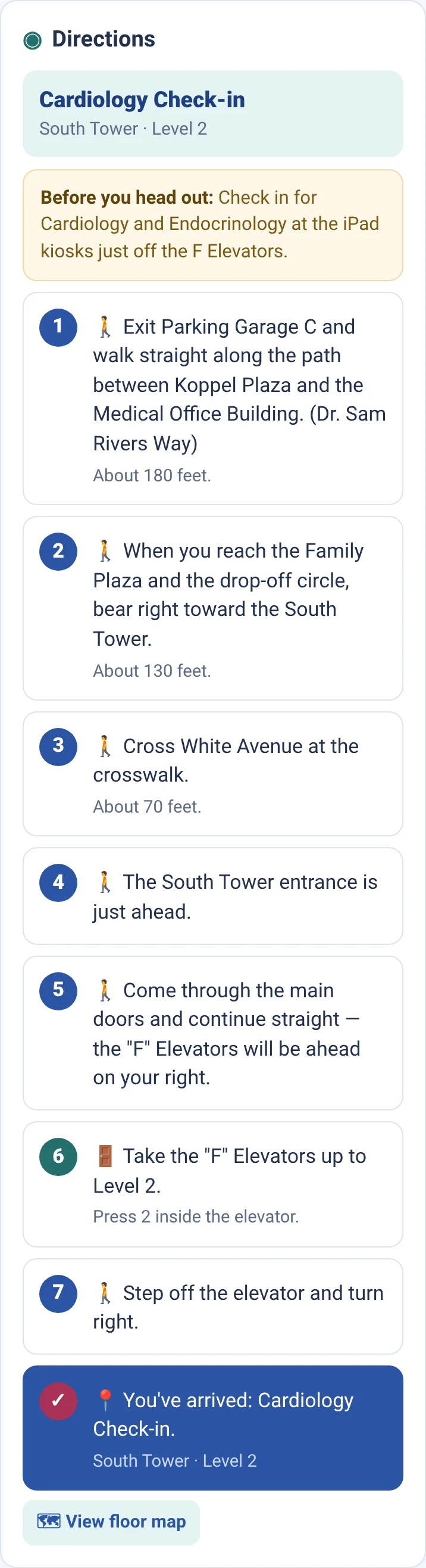 Actual Riverview demo showing step-by-step directions from Garage C to Cardiology