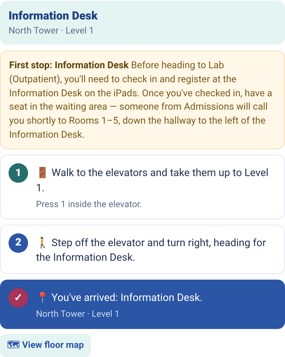 Riverview directions to the Information Desk, showing registration instructions before a lab visit